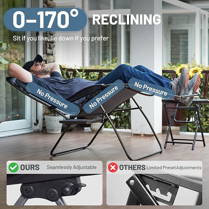 TIMBER RIDGE Oversized Zero Gravity Chair, 33In Wide XXL Zero Gravity Reclining Chair with Side Table, Full Padded Lounge Chair for Outdoor Camping Patio Lawn, Heavy Duty Supports 500lbs, Grey-2 Pack