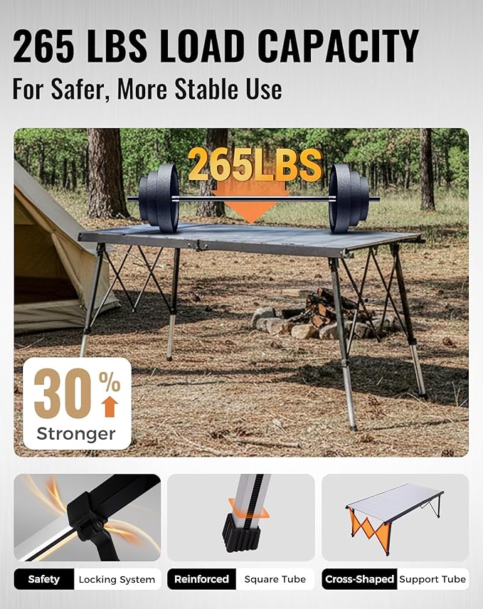 KingCamp Folding Camping Table Foldable, 55.1" x27.6" Aluminum Roll Up Table with Adjustable Height 6-7 Person Large Camp Tables Outdoor with Carrying Bag for BBQ, Patio, Picnic Loads 265 Lbs