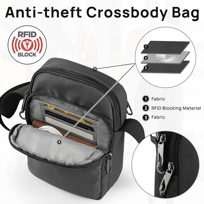 VADOO Sling Bag for Men Women, Anti Theft Crossbody Shoulder Bag with Zipper Lock, RFID Blocking & Waterproof for Travel