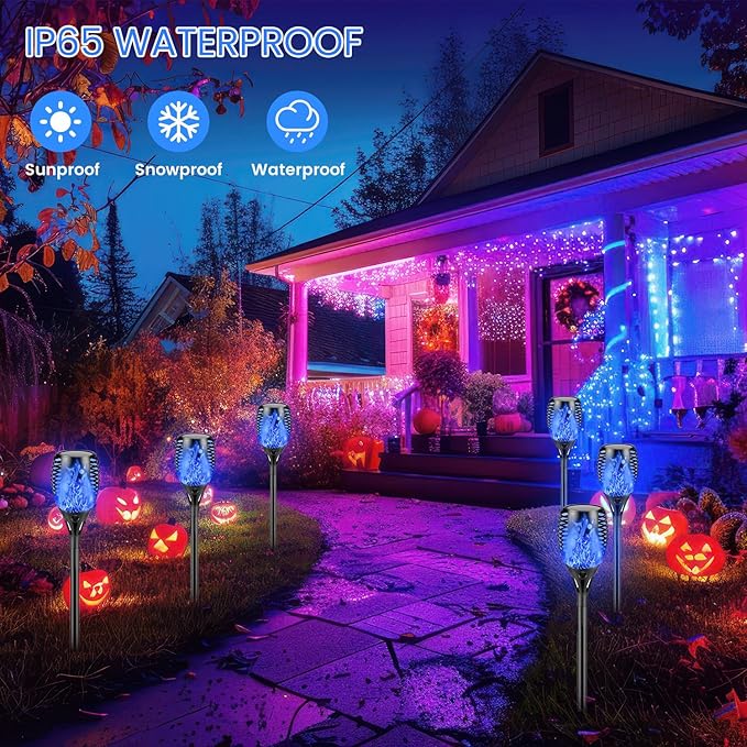 Upgraded Larger Solar Lights Outdoor, 6 Pack Flickering Flame Solar Torch Lights with Super Larger Size for Halloween Decor, Waterproof Solar Powered Outdoor Halloween Light for Yard Pathway (Blue)