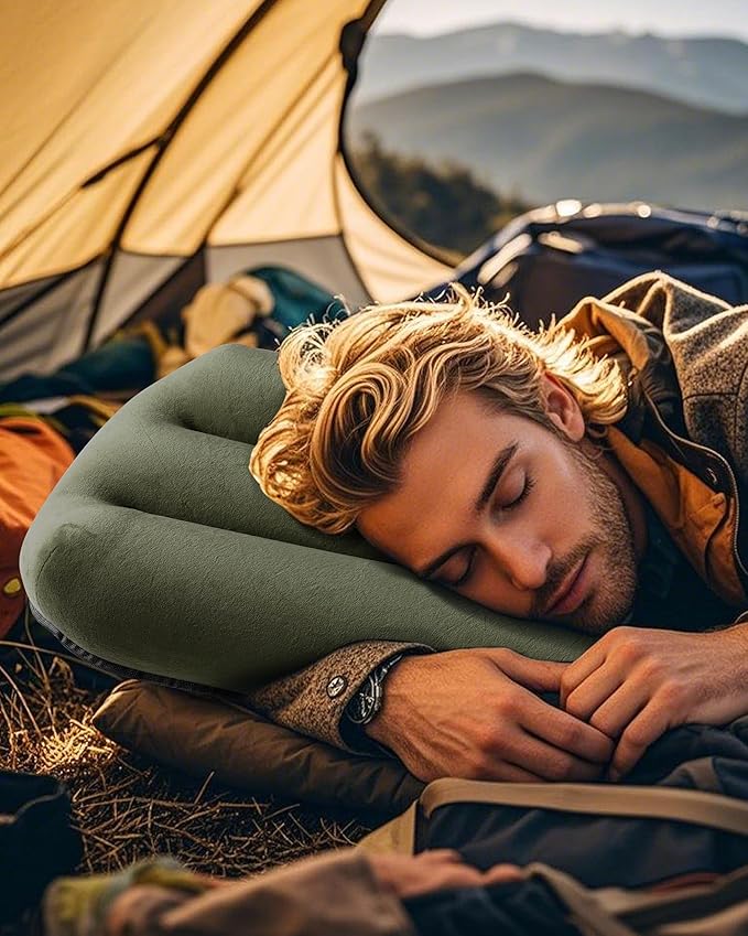 Ultralight Inflatable Camping Pillow for Sleeping – Soft Velvet Cover, Compact & Portable, Ergonomic Neck Support, Machine Washable Air Pillow, Perfect for Travel, Hiking, Backpacking – Green