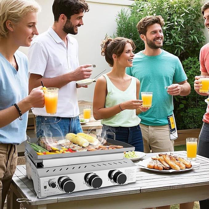 R.W.FLAME 3 Burner Tabletop Propane Griddle, 25" Stainless Steel, 24,000 BTU, Flat Top Grill for Outdoor BBQ, Camping & Patio