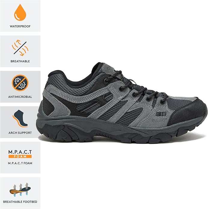 HI-TEC Ridge Low Waterproof Hiking Shoes for Men, Lightweight Breathable Outdoor Trekking and Trail Sneakers, Sizes 7 to 15, Medium and Wide Width