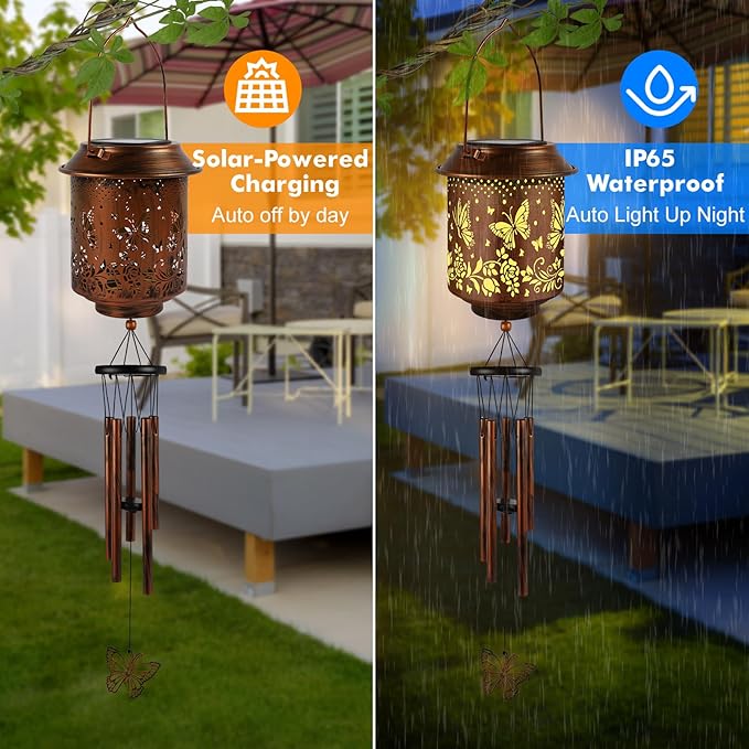 Solar Lanterns with Wind Chimes - Garden Decor Set Includes Greeting Card & Gift Wrap Paper, Patio Yard Birthday Gifts for Women, Solar Lanterns Outdoor Waterproof (Butterfly)