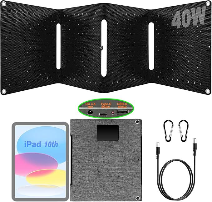 40W Portable Solar Panels,Mini Foldable Solar Panel with DC5.5,USB-C,USB-A Ports for Power Stations,Cellphones,Power Bank with Durable Coated and IPX5 for Camping Hiking Backpacking