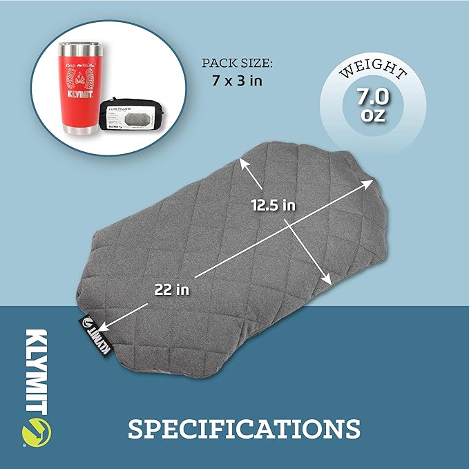 Klymit Luxe Travel Pillow, Lightweight Inflatable Hybrid Airplane, Backpacking, Hammock, and Camping Pillow, Grey