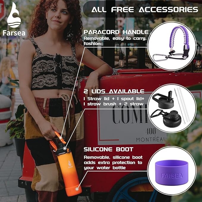 Farsea Insulated Water Bottle With Paracord Handle, Protective Silicone Boot and 2 Lids (Straw Lid & Spout Lid), Stainless Steel Water Bottle Wide Mouth, Double Wall Sweat-Proof BPA-Free, 18 oz