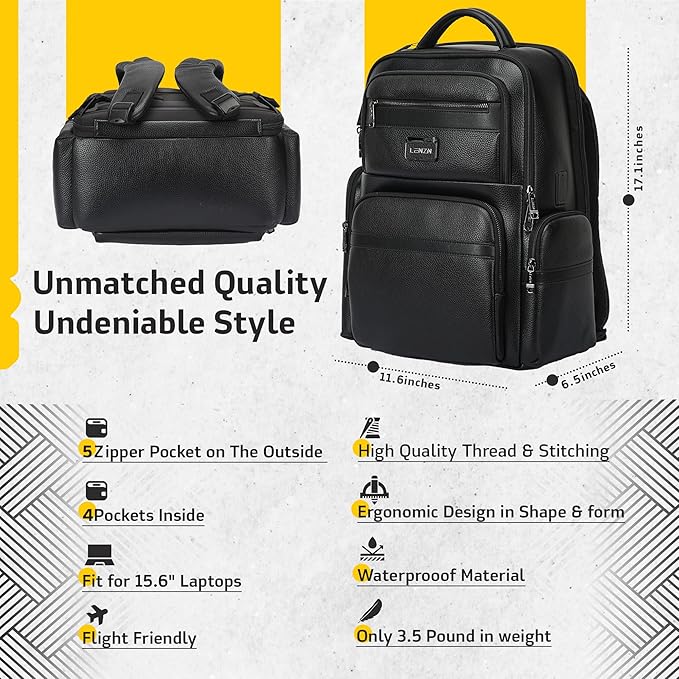 Durable Leather Laptop Business Backpack Perfect for Men & Women, Work Backpack Fits 15.6 Inch, Premium Quality Travel Bag with USB Charging Port, Water-Resistant, Bookbag with Multiple Pockets