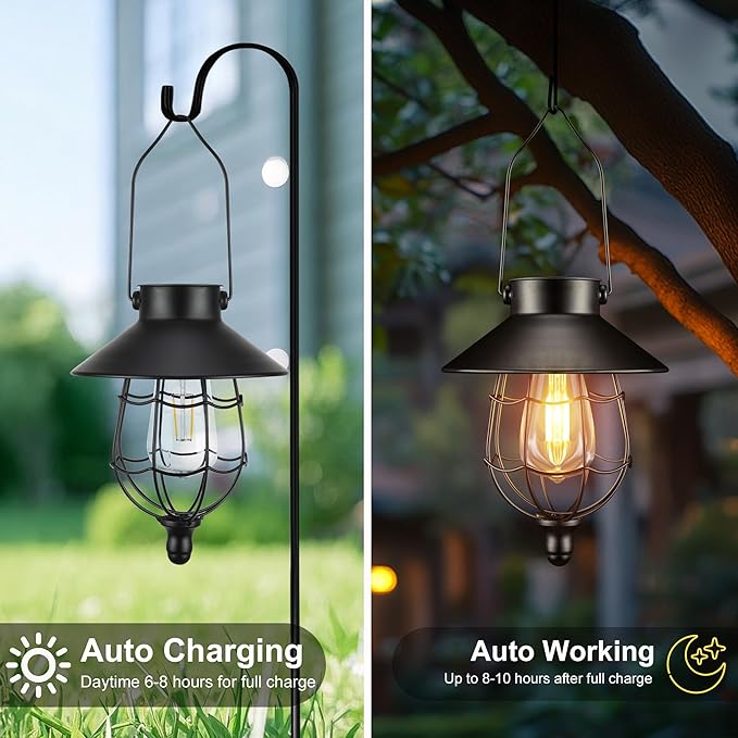 Solar Lanterns Outdoor Hanging Metal Vintage Lantern Warm White Solar Lights lamp Waterproof Edison Bulb Design for Pathway Garden Patio Yard Tree Decoration (2 Pack Black)