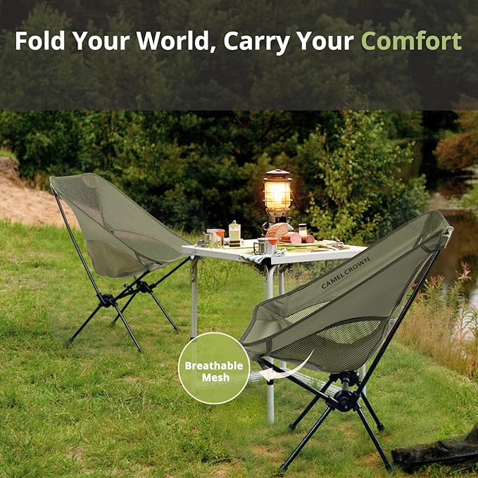 CAMEL CROWN Portable Camping Chair Lightweight Compact Folding Chair Mesh for Outdoor Camp Travel Beach Picnic Festival Hiking Backpacking Army Green
