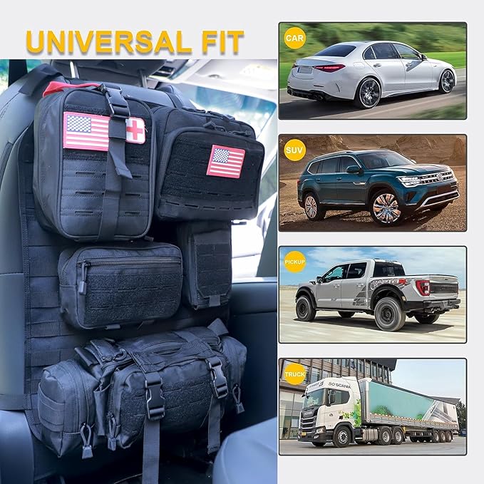 Universal Tactical Car Seat Back Organizer Bag Tactical Molle Vehicle Organizers Panel Vehicle Protector Organizers with 5 Detachable Pouches for Car Truck Ford Jeep (Upgraded D model Black)