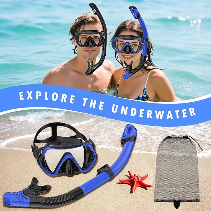 Snorkeling Gear for Adults, Adult Snorkel Mask Set Scuba Diving Dry-Top, Swimming Goggles w/Nose Cover, HD Tempered Glass Panoramic Anti-Leak Anti-Fog, Travel Snorkeling Packages Storage Bag, 2 Pack