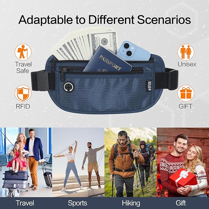 Slim RFID Blocking Money Belt for Travel - Anti-Theft Hidden Passport Holder Waist Wallet with Secure Pouch for Cash, Credit Cards & Phone Safe (Navy Blue)