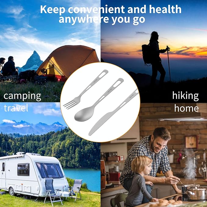 OUTXE Titanium Flatware Knife Fork Spoon Set Lightweight Ti Camping Utility Cutlery Set with Carrying Bag for Traveling Picnic Hiking