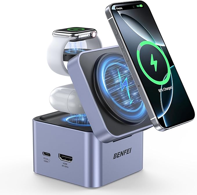 BENFEI 3-in-1 Foldable MagSafe Charger Stand with USB C Hub, Wireless Charging Station for iPhone 16/15/14/13/12, Apple Watch & AirPods, Supporting HDMI (4K@60Hz), 100W PD, 2X USB 3.0 (5Gbps)