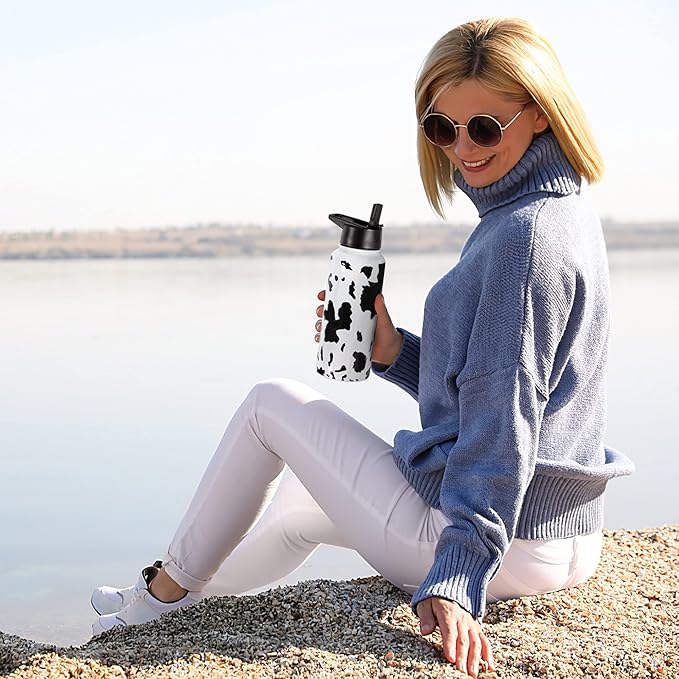 32oz Cow Print Vacuum Insulated Stainless Steel Water Bottles with Straw & Spout Lids, Double Wall Sport Bottle, Sweat-Proof BPA Free, Canteen Metal Thermo Mug Hydro Jug, Cow Print Stuff Gifts