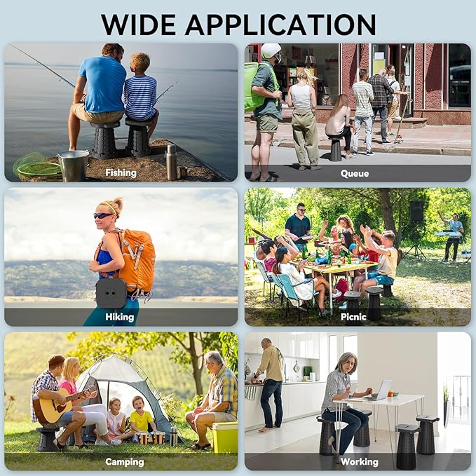 2025 Upgraded Portable Folding Stool, Collapsible Stool, Telescoping Camping Stool with Max Load Capacity 485lbs, Square Retractable Seat for Camping Gardening Fishing Hiking BBQ[Black]