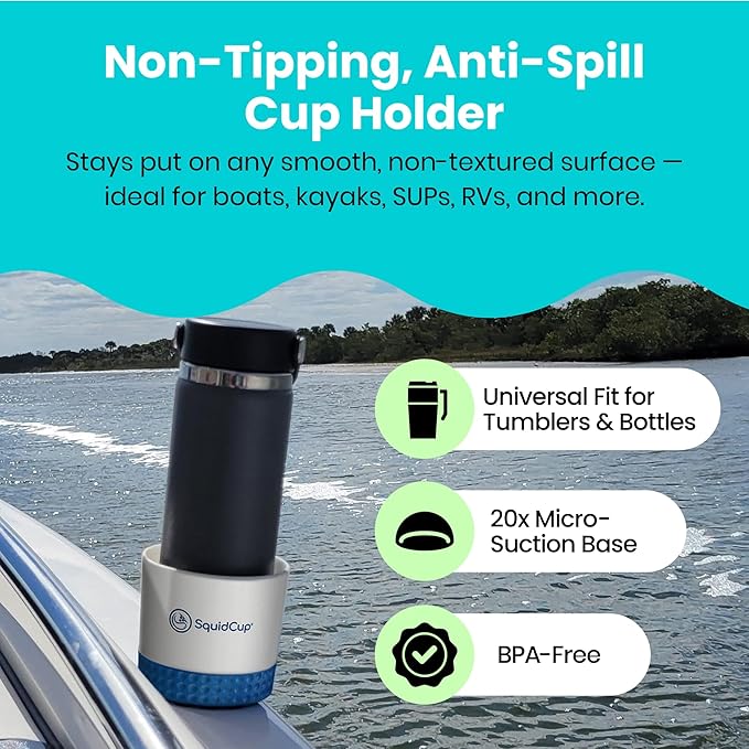 Non-Tipping, Anti-Spill Cup Holder for Boats, Kayaks, SUPs, RVs, Fishing & Camping | Universal 12–30 oz Fit | BPA-Free, Optional SquidDisk Mount Included for Textured Surfaces (Gray/Navy)