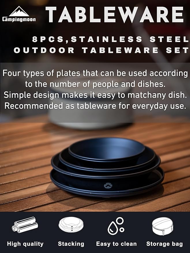 CAMPINGMOON 8pcs Camping Mess Kit Φ4.7"~Φ7" Bowls Plates Black BKS395-2S