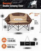 KingCamp Double Camping Chair, Oversized Heavy Duty Loveseat for Adults Portable Folding XL 2 Person Couch Padded Comfortable Two Seat with Cup Holder for Outdoor Lawn Backyard