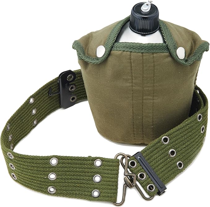 DARTMOOR G.I. Army Stainless Steel Canteen Military with Cup and Green Nylon Cover Waist Belt for Camping Hiking