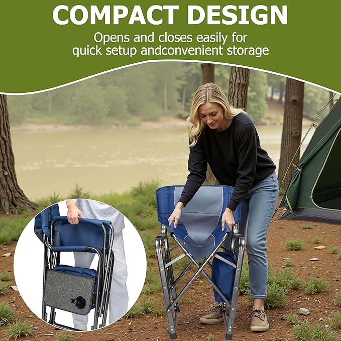Folding Camping Chair, Heavy Duty Chairs for Adult, Directors Chair, Folding Beach Chair, Oversized Portable Camping Chair with Side Table and Cooler, 400lbs Capacity for Beach, Fishing, Trip, Picnic