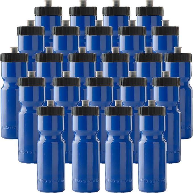50 Strong Bulk Water Bottles | 24 Pack Sports Bottle | 22 oz. BPA-Free Easy Open with Pull Top Cap | Made in USA | Reusable Plastic Water Bottles for Adults & Kids | Top Rack Dishwasher Safe
