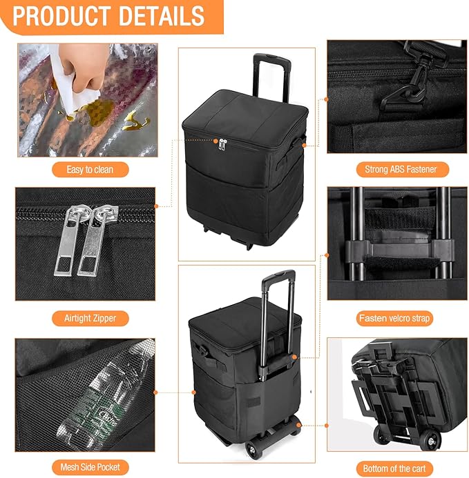 Collapsible Large Rolling Cooler 60-Can/40L,3-in-1 Insulated Soft Cooler Bag,Adjustable Wheels&Handle, Rolling Cooler Cart for Beach Camping Travel Outdoor Hot Takeout Orders