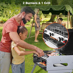CAMPLUX 2 Burners & 1 Grill Propane Camping Stove, 15,000 BTU Portable Outdoor Propane Camping Grill Burner with Free Standing Legs, Auto-Ignition Gas Stove with Regulator, Black