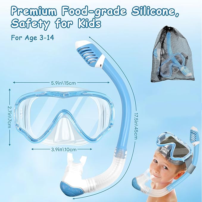 Vvinca Snorkeling Gear for Kids Dry Top Kids Snorkel Set for Boys Girls Junior Youth Children Age 4-14 Swim Goggles with Nose Cover Anti-Fog Panoramic View Adjustable Elastic Diving Mask and Snorkel