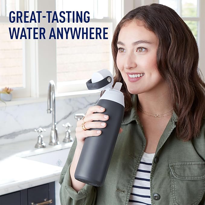 Brita Stainless Steel Premium Filtering Water Bottle, BPA-Free, Reusable, Insulated, Replaces 300 Plastic Water Bottles, Filter Lasts 2 Months or 40 Gallons, Includes 1 Filter, Carbon - 20 oz.
