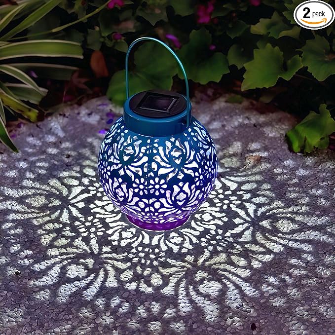Outdoor Solar Hanging Lantern Lights Metal LED Decorative Lamp for Garden Patio Courtyard Lawn and Table with Hollowed-Out Design (Royal Purple)