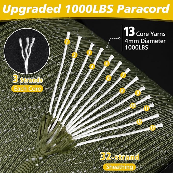 X XBEN Paracord Reflective 1000lb, 50/100/200/500/1000ft 4mm, 13 Strand Parachute Cord, Tactical Paracord Rope for Camping, Fishing, Clothesline, Hammock, Tent & Survival Bracelet, Forest Camo