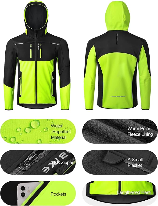 INBIKE Hooded Cycling Bike Jacket Men Running Biking Windbreaker Reflective Windproof Thermal Fleece Lined Bicycle Coat