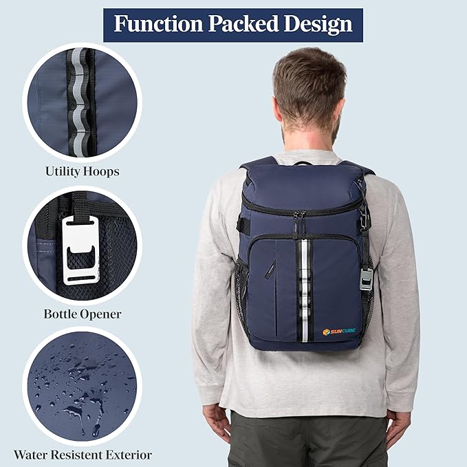 SUN CUBE Cooler Backpack 33 Can, Leakproof Insulated Backpack Cooler for Men Women, Camping Cooler Backpack for Beach Travel Hiking, Waterproof Lunch Backpack, Navy