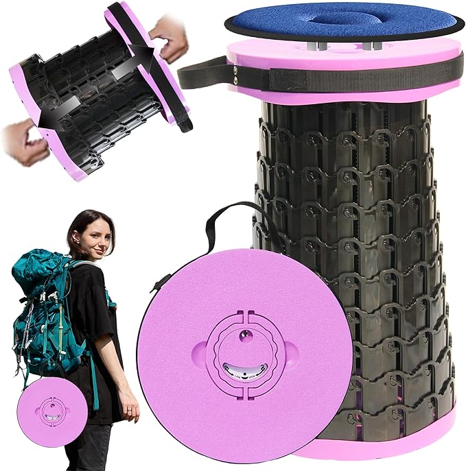 Upgraded XXL Collapsible Stool with Cushion,19.7"H-11.8"D Telescoping Folding Stool for Adults,More Sturdy Portable Camping Stools with Load Capacity 1000lbs for Outdoor,Garden,Fishing,Hiking