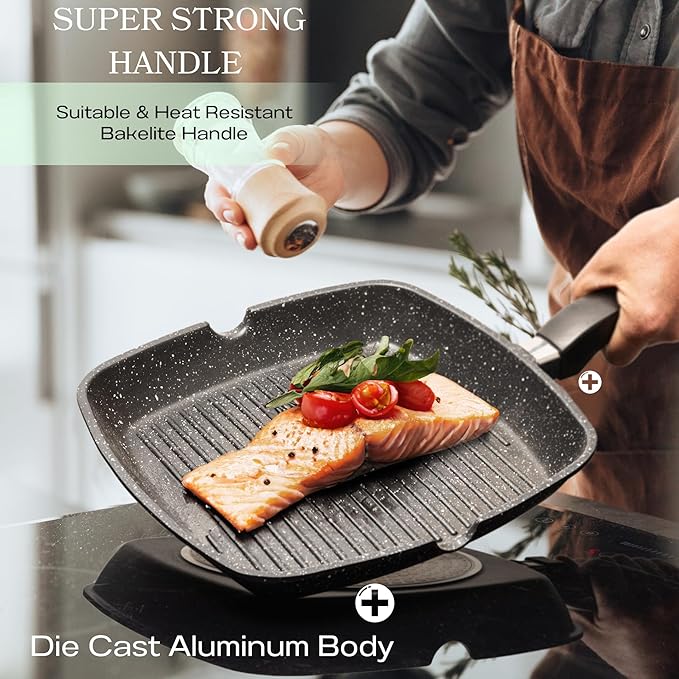 Moss & Stone Aluminum Nonstick Grill Pan for Stove Tops, Versatile Griddle Skillet with Pour Spouts, 11 Inch Square Grill Pan Big Cooking Surface, Durable Skillet For Indoor Cooking & Outdoor Grilling