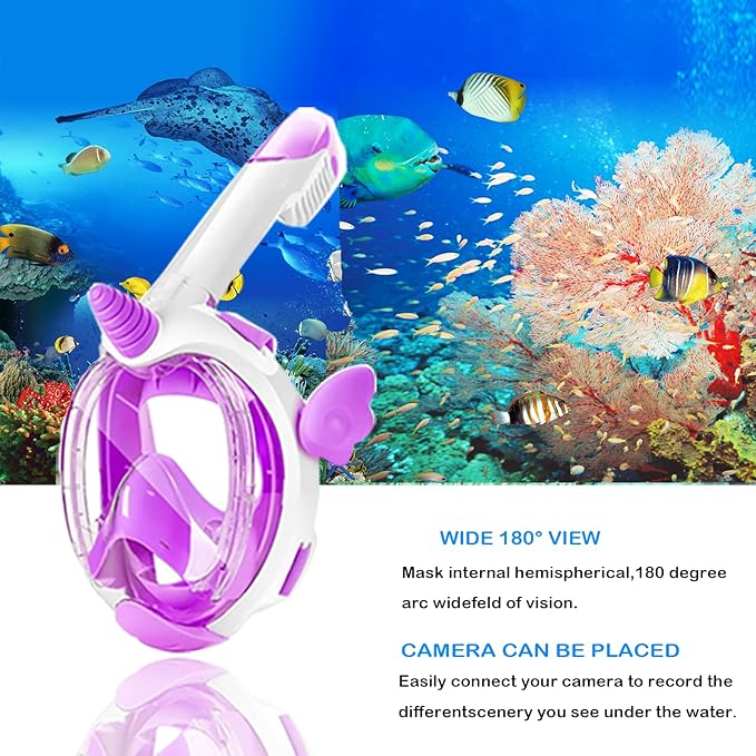 Kids Snorkel Mask, Full Face Snorkel Mask for Kids 4-16, 180 HD View Anti-Fog Anti-Leak Snorkel Mask for Kids Snorkel Set Snorkeling Gear for Kids