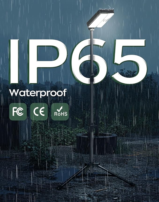 10000lm Dimmable Rechargeable Work Light, 15000mAh Detachable Camping Work Light 72'' Telescopic with 2 Separate Lights, 2 Charge Ways Type C & Solar Powered