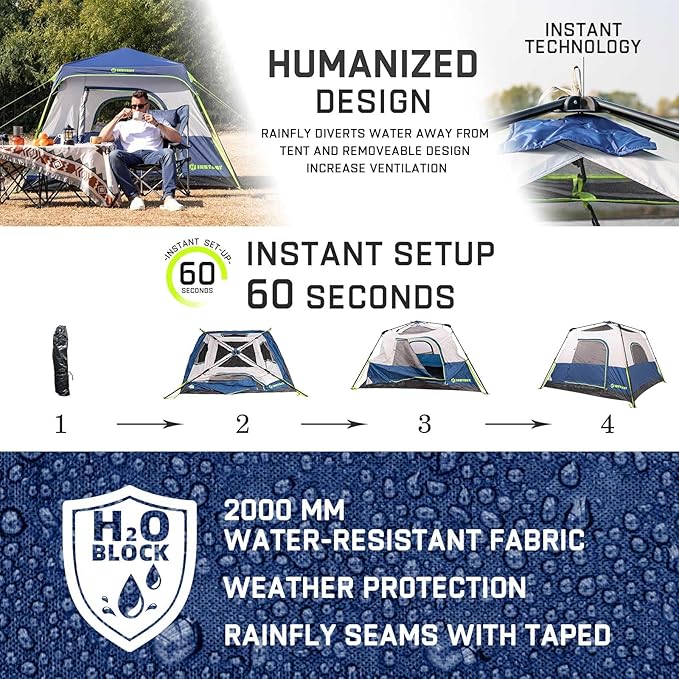 4/6/8 Person Instant Tent, Waterproof Pop Up Tents for Camping with Rainfly, 60 Seconds Easy Setup, Automatic Cabin Tent for Family Camping with Expandable Carry Bag & Upgraded Ventilation