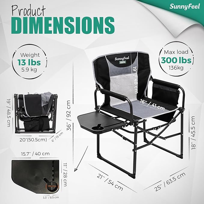 SUNNYFEEL Oversized Camping Directors Chair, Portable Folding Lawn Chairs for Adults Heavy Duty with Side Table,Pocket for Beach, Fishing,Picnic,Concert,Tailgating，Outdoor Foldable Camp Chair