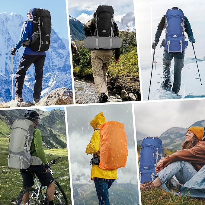60L Lightweight Internal Frame Backpacking Hiking Backpack with Rain Cover for Men Women, Large Camping Backpack, Black