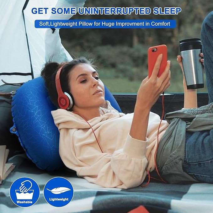 Inflatable Camping Pillow, Travel Blow Up Air Pillow, Neck Lumbar Support Ultralight Compact Pillow for Outdoor Hiking Backpacking Car Beach Airplane Sleeping Essentials, Navy Blue