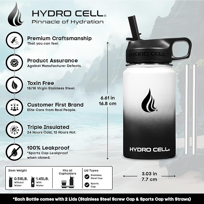 HYDRO CELL Stainless Steel Insulated Water Bottle with Straw - For Cold & Hot Drinks - Metal Vacuum Flask with Screw Cap and Modern Leakproof Sport Thermos for Adults (Black/White 14oz)