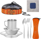 Stainless Steel Camping Cutlery Set - 8 Piece, Includes Spoons, Mugs, Bowls, Plates, Rags & Organizer Straps - Easy to Carry for Backpacking, Camping, Hiking and Picnics