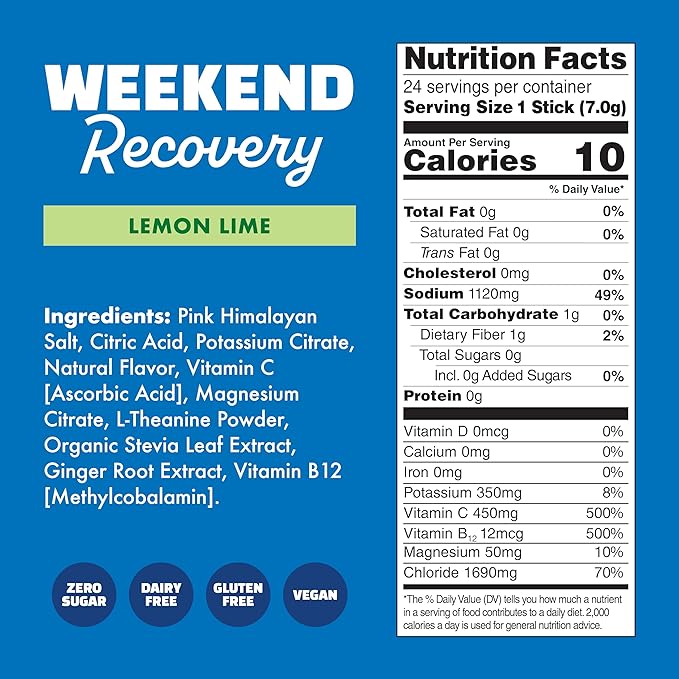 Waterboy Weekend Recovery | 3,200mg Electrolyte Powder Packets | Ginger + L-Theanine + Vitamins | No Sugar, All Natural, Gluten Free | 24 Drink Stick Mixes (Lemon Lime)