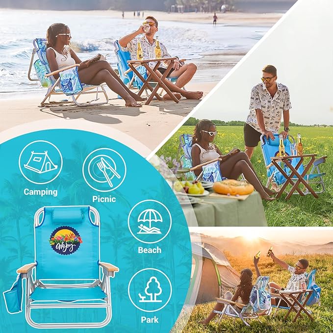 #WEJOY Folding Beach Chair for Adults, 4-Position Aluminum Lightweight Beach Chair, Low Sands Chairs with Shoulder Strap, Cup Holder and Padded Headrest, Supports 265lbs for Lawn