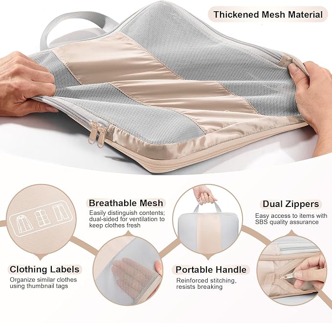 10 Set Compression Packing Cubes for Travel,Luggage Clothes Storage Gifts for Women Mom Her,Airplane/Cruise/Car/Train Travel Essentials,OlarHike Compressible Expandable Saver Space Bags(Beige)