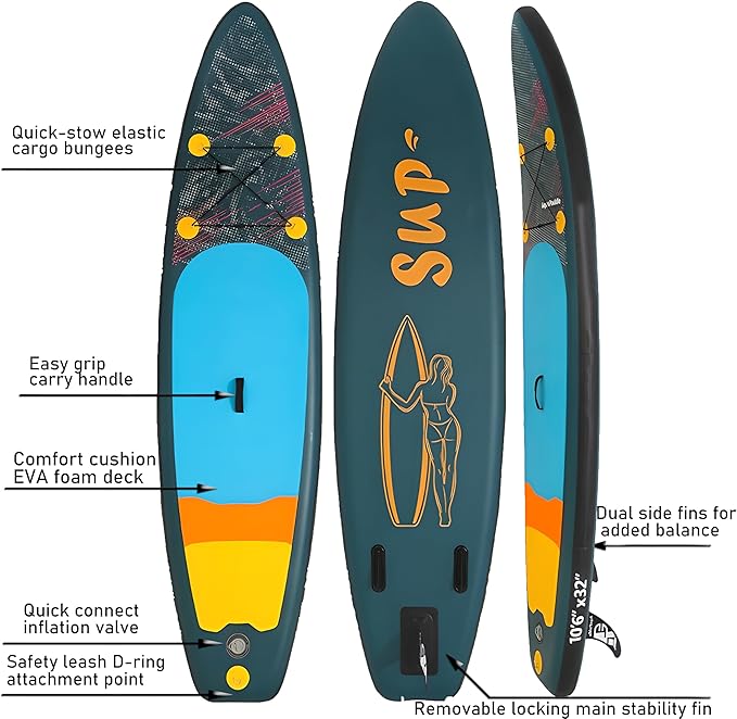 Inflatable Stand Up Paddle Board Set, Wide SUP Board Design, 400 lbs Weight Limit, with Paddle, Pump, Backpack, Fins for Adults and Youth