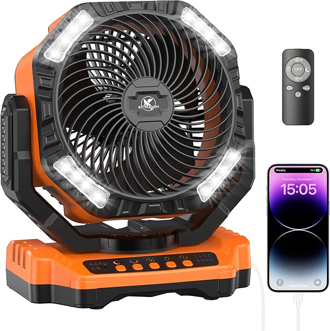 40000mAh Battery Powered Camping Fan - 136H Max Cooling, Rechargeable Battery Operated Oscillating Floor Fan with Charger, Remote & Hook, Portable for Tent Outdoor Patio Garage Hurricane Power Outage